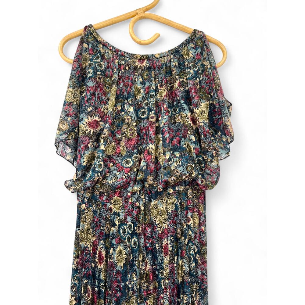 Vintage 70's Women's Pleated Flutter Sleeve Dress M Floral Lace - Picture 3 of 6